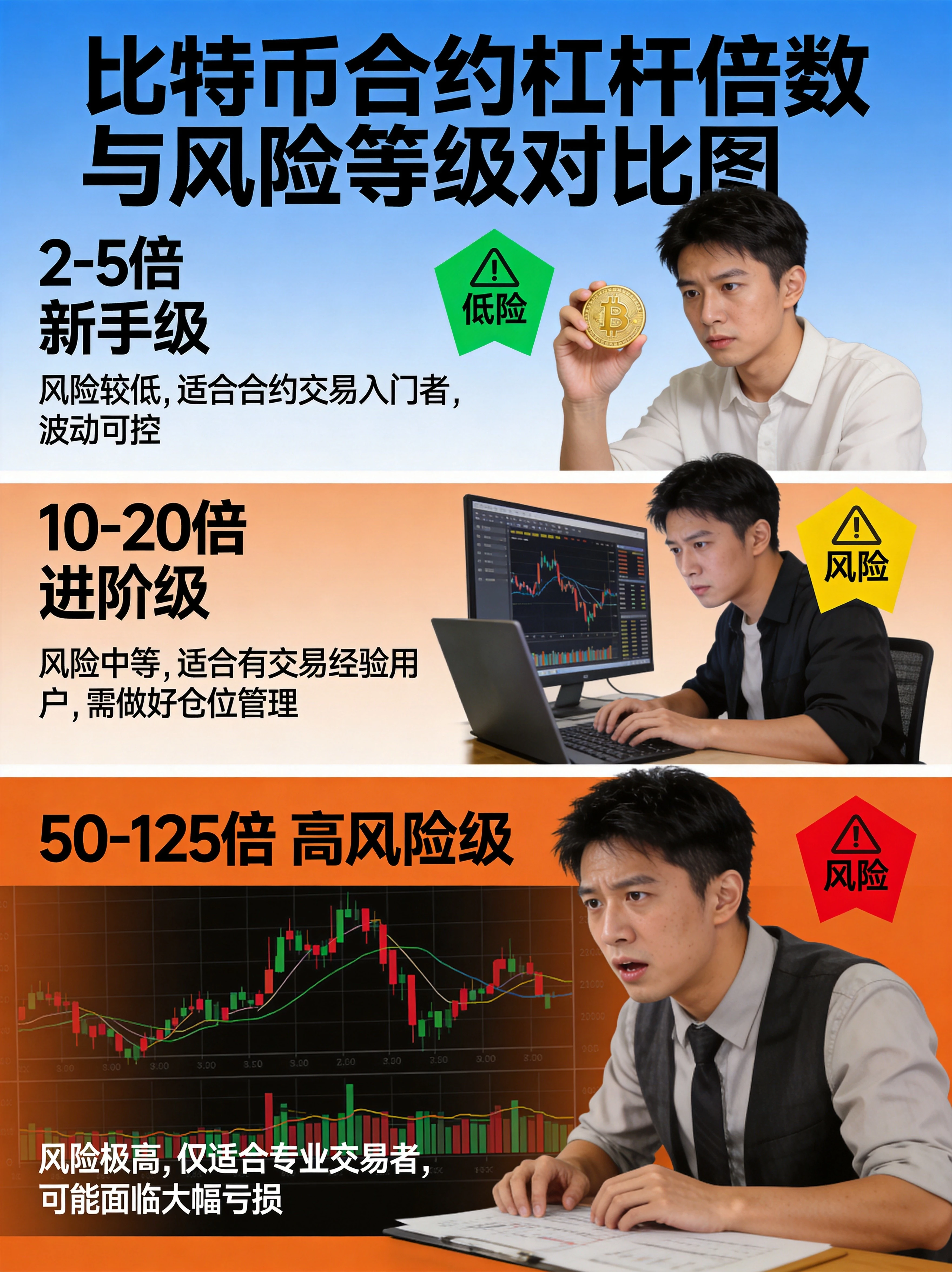 比特币合约杠杆风险对比图,展示2-5倍新手级、10-20倍进阶级、50-125倍高风险级的阶梯式风险可视化 比特币合约杠杆风险对比图,展示2-5倍新手级、10-20倍进阶级、50-125倍高风险级的阶梯式风险可视化