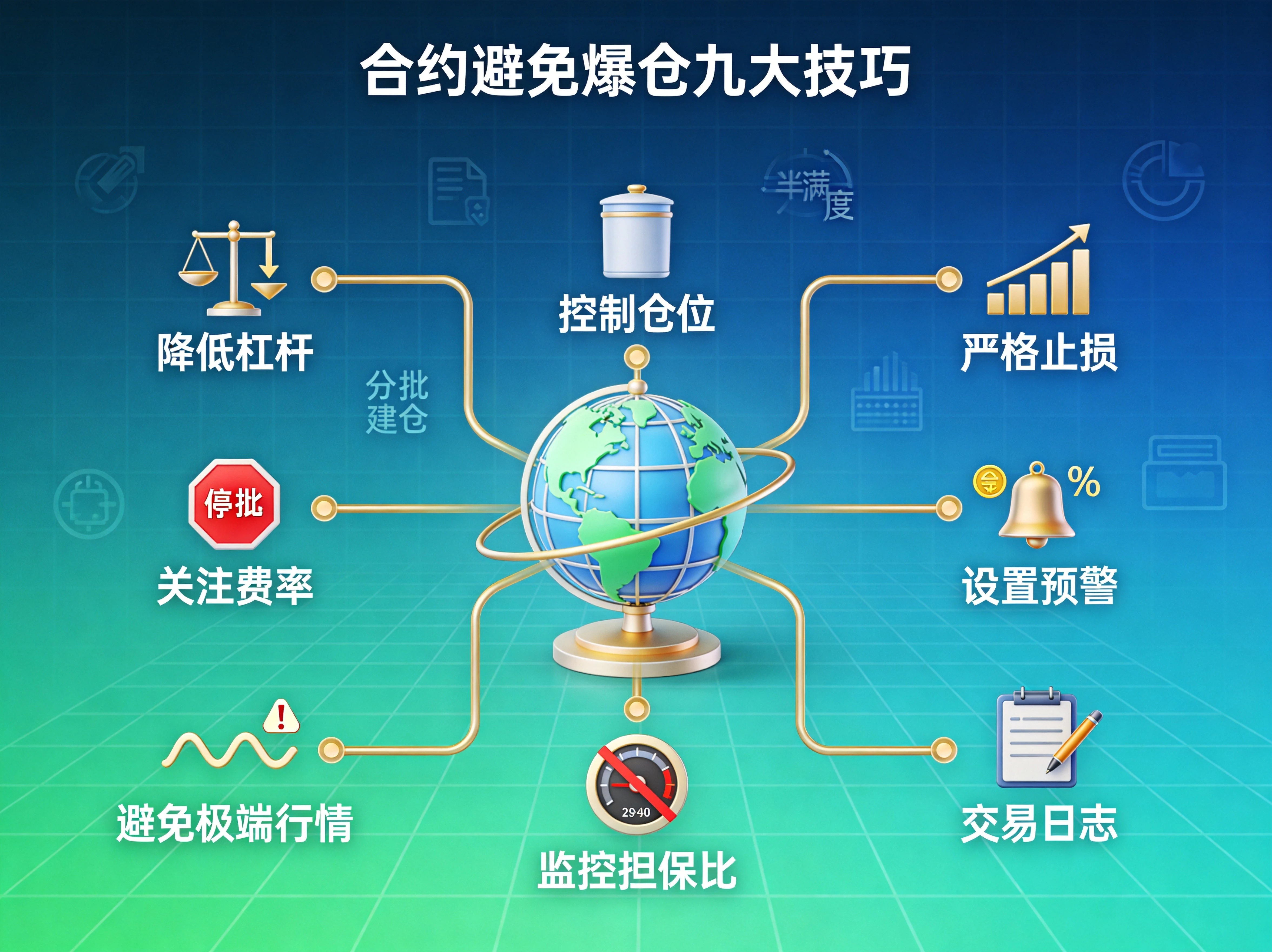 合约避免爆仓九大技巧全景图，降低杠杆、控制仓位、严格止损、分批建仓、关注费率等要点可视化