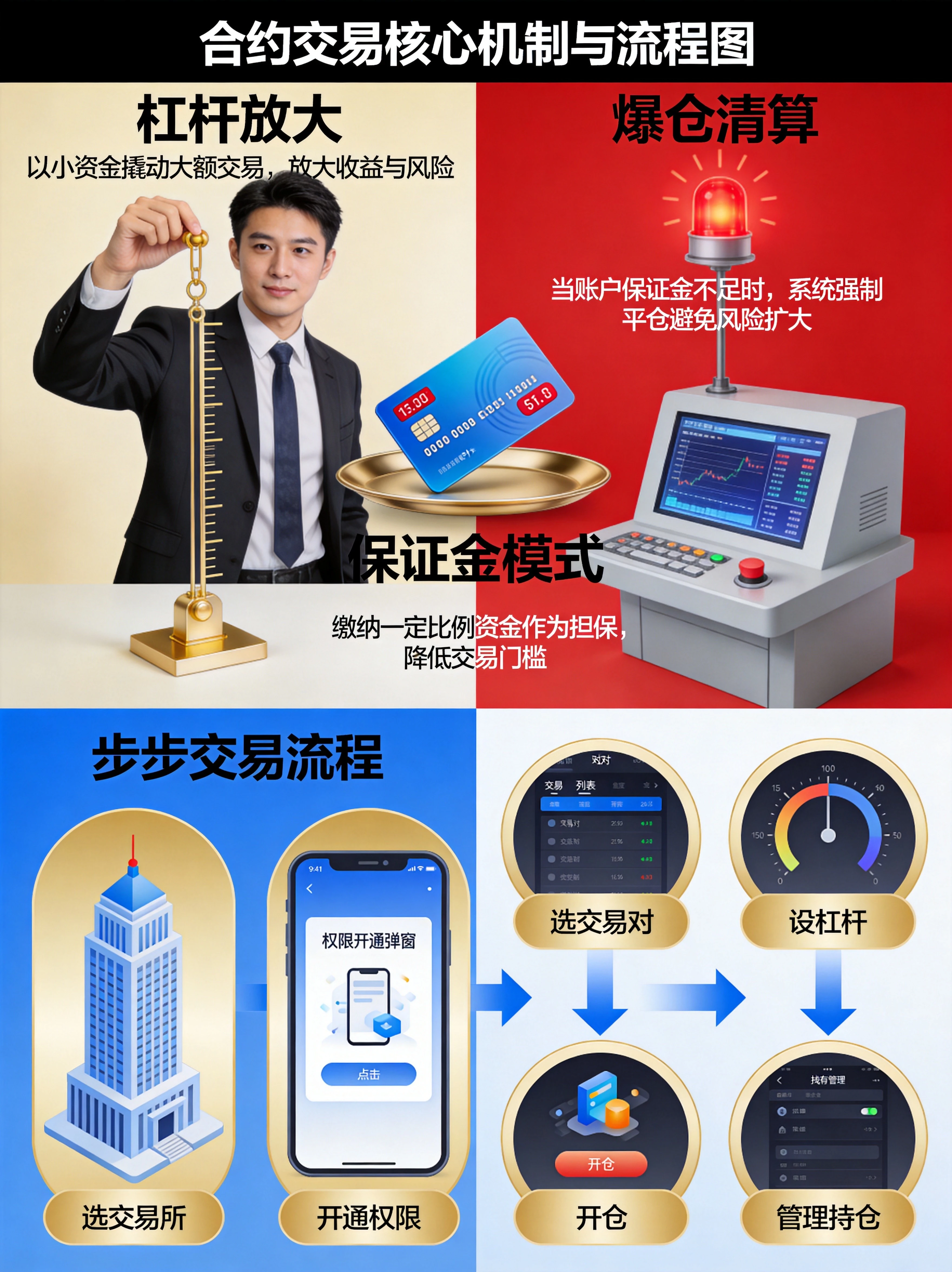 合约交易核心机制与流程图，展示杠杆放大、保证金模式、爆仓清算三大核心机制，以及选交易所→开通权限→选交易对→设杠杆→开仓→管理持仓六步交易流程