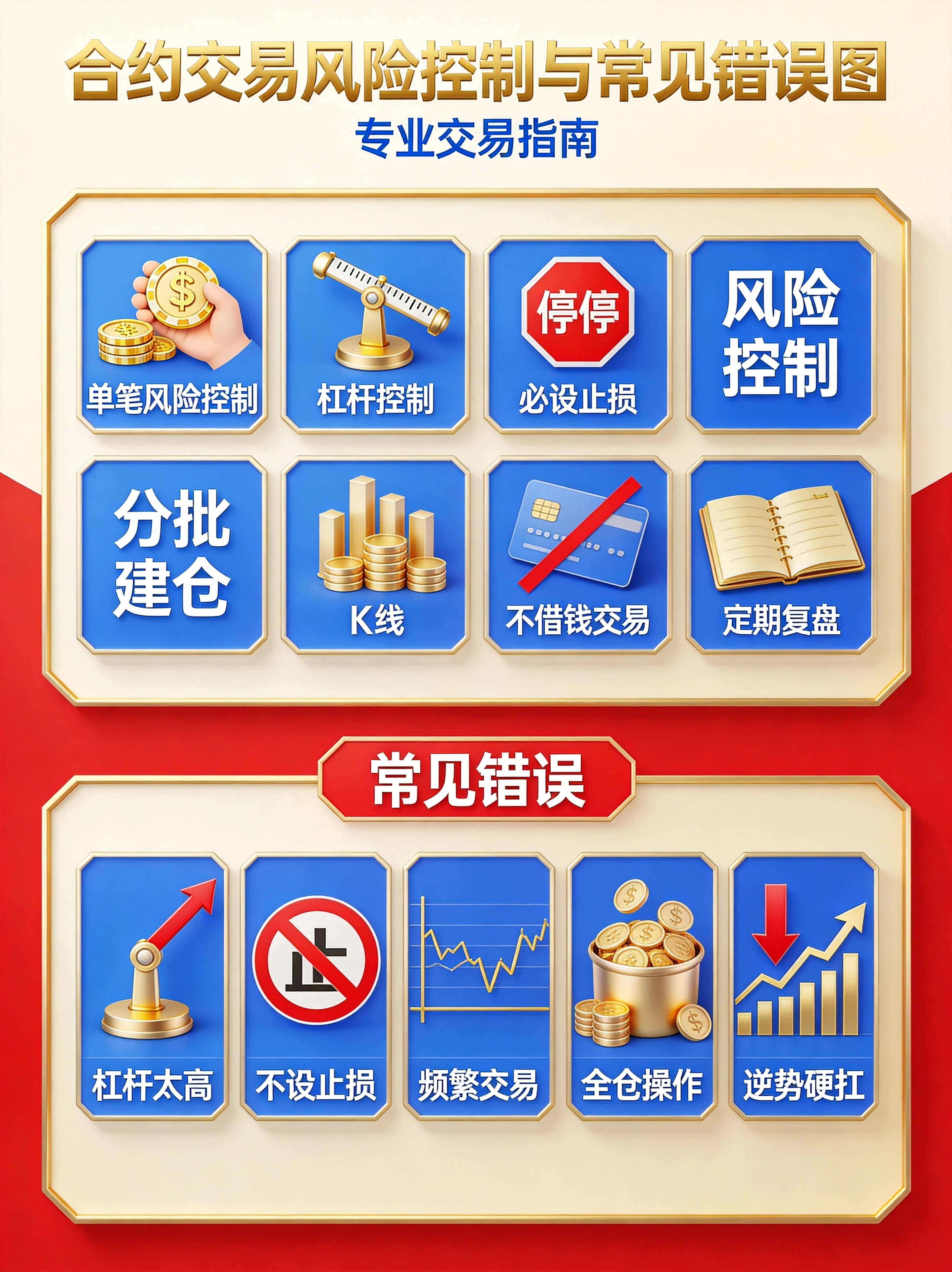  合约交易风险控制与常见错误图，展示单笔风险控制、杠杆控制、必设止损、分批建仓、不借钱交易、定期复盘六大风控原则，以及杠杆太高、不设止损、频繁交易、全仓操作、逆势硬扛五大常见错误