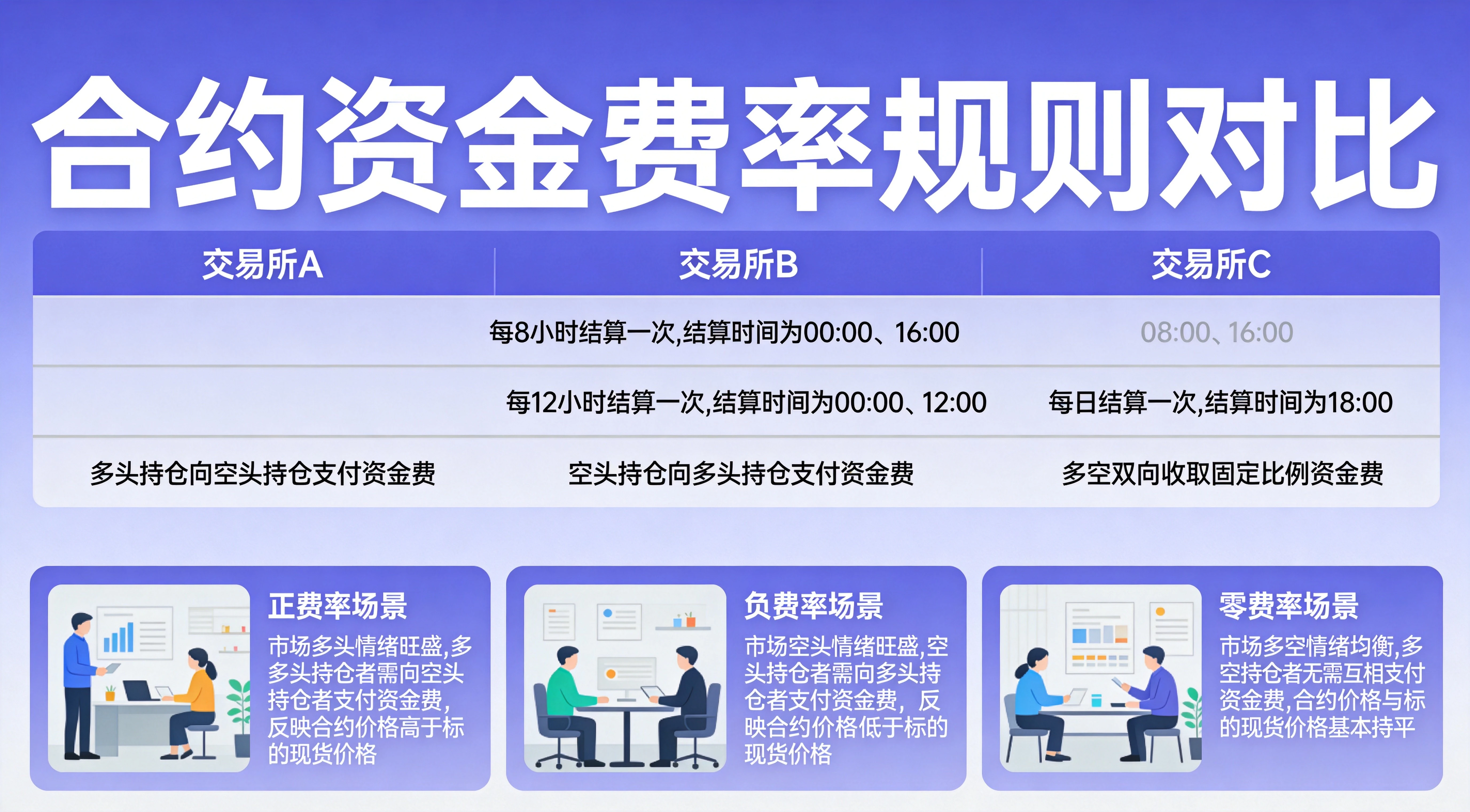 合约资金费率规则与场景对比图，上半部分列出各交易所结算时间与多空付息规则，下半部分呈现正/负/零费率三种场景的市场含义，紫蓝简约信息图风格