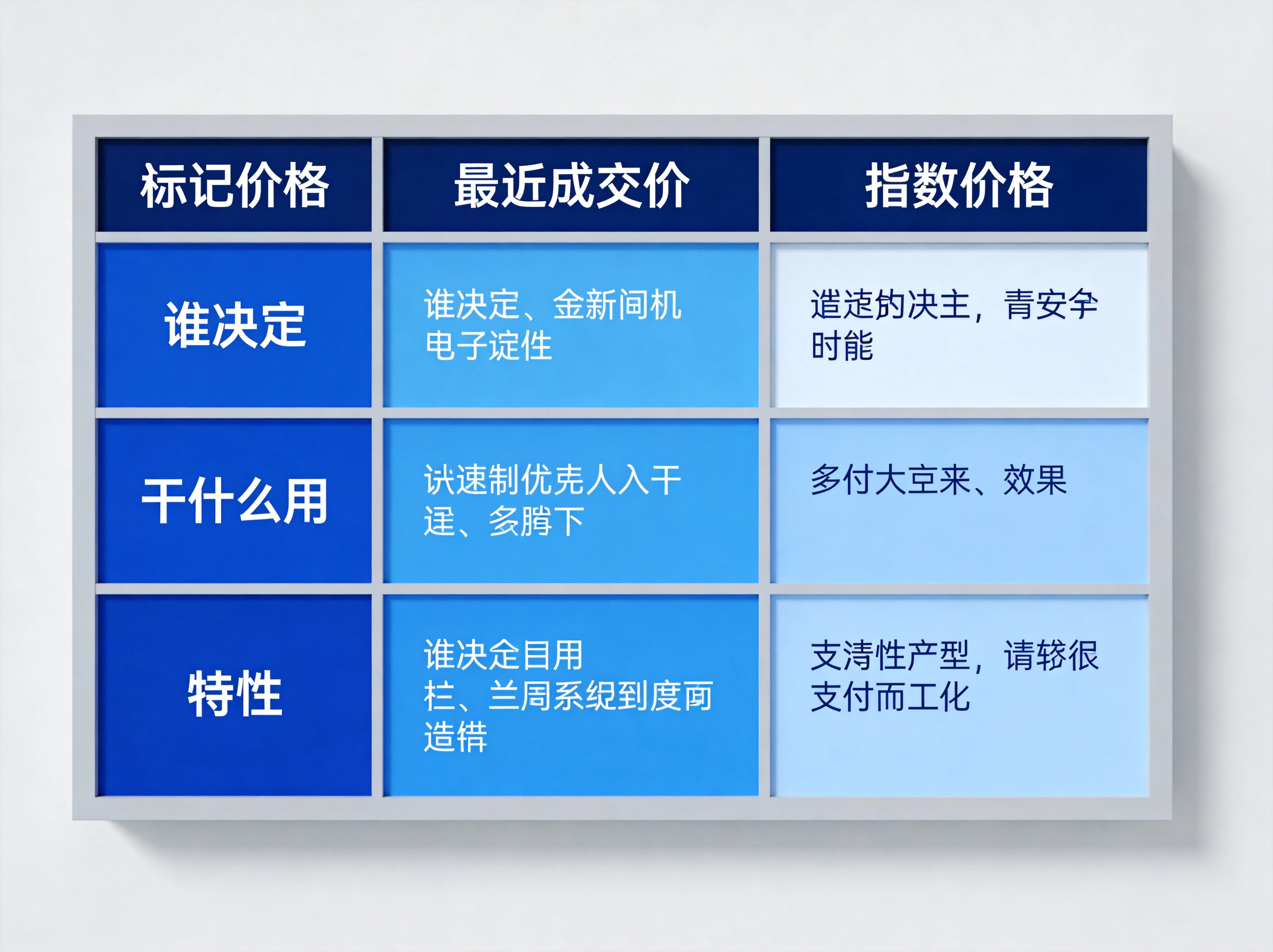 三种价格对比表，三列分别为标记价格、最新成交价、指数价格，每行对比"谁决定"、"干什么用"、"特性"三项核心差异，用不同颜色区分三种价格，表格结构清晰，蓝色系配色