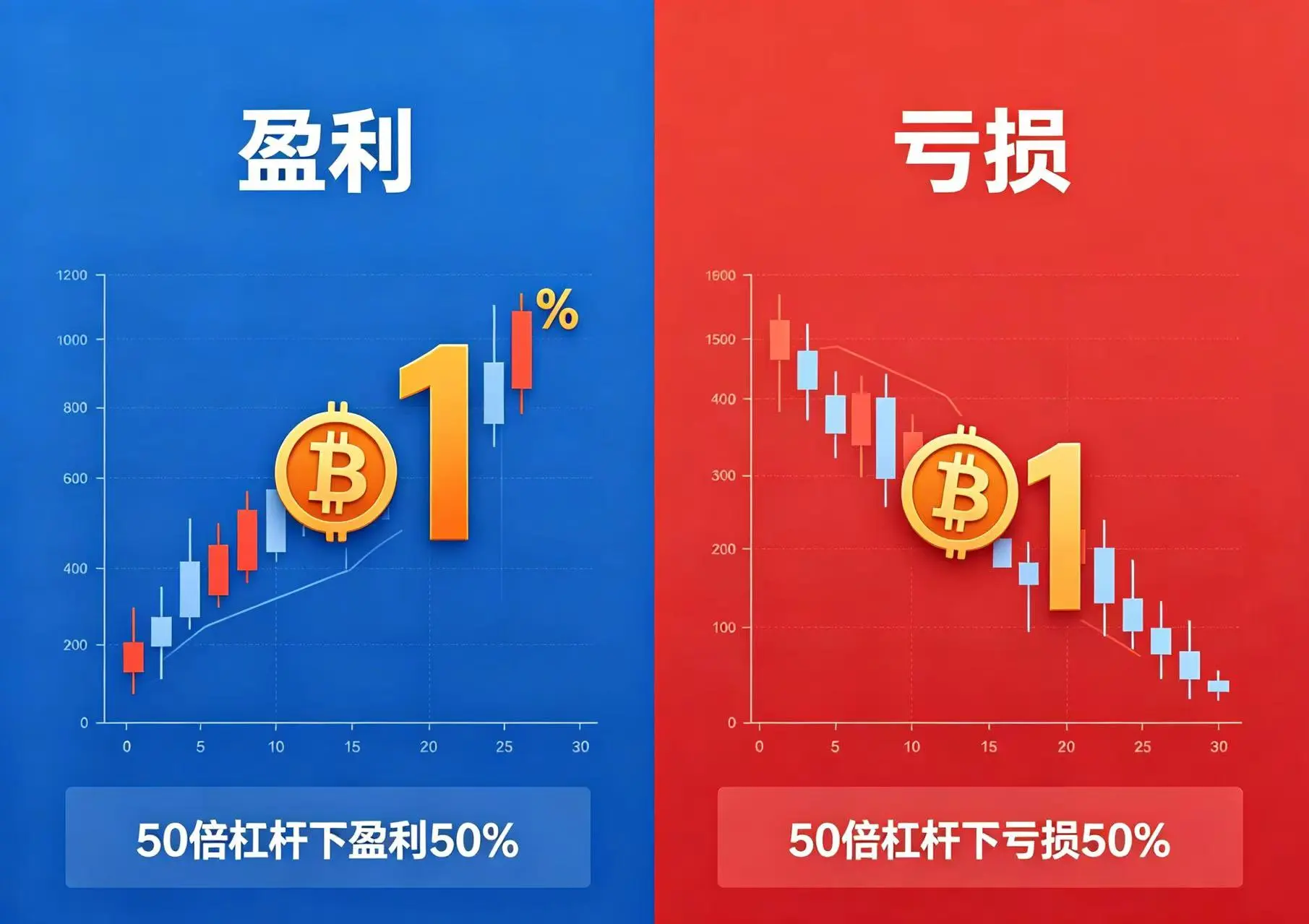 50 倍杠杆盈亏对比图,展示比特币 1% 波动下本金 50% 的盈亏幅度 50 倍杠杆盈亏对比图,展示比特币 1% 波动下本金 50% 的盈亏幅度