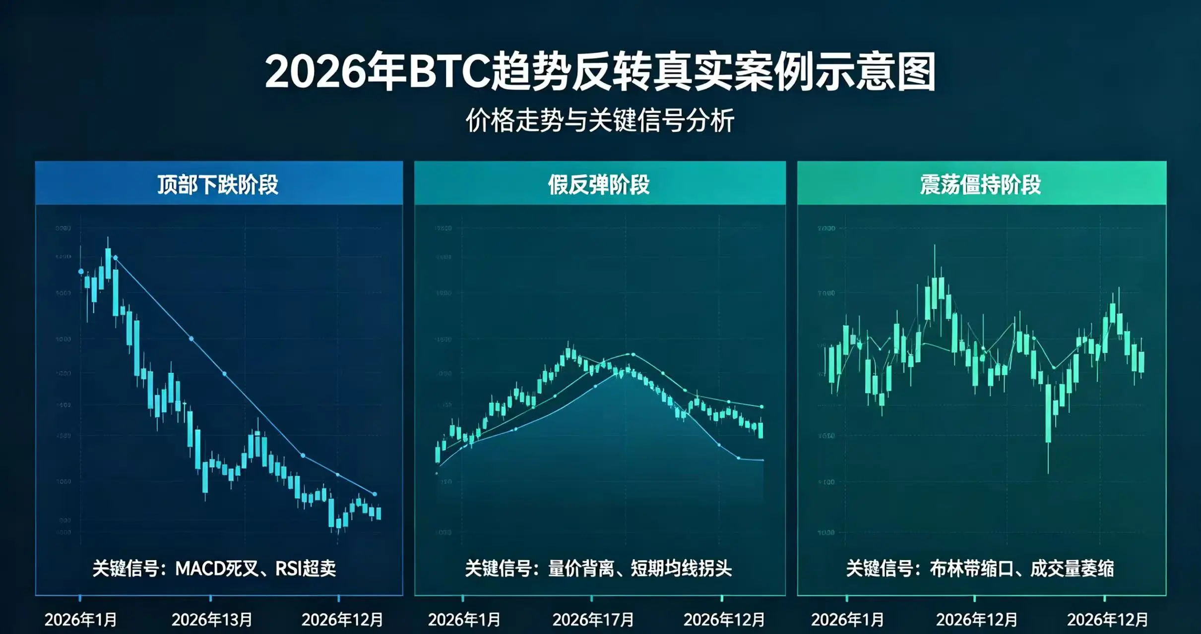 BTC 趋势反转案例,呈现顶部下跌、假反弹和震荡僵持阶段的价格走势与关键信号 BTC 趋势反转案例,呈现顶部下跌、假反弹和震荡僵持阶段的价格走势与关键信号