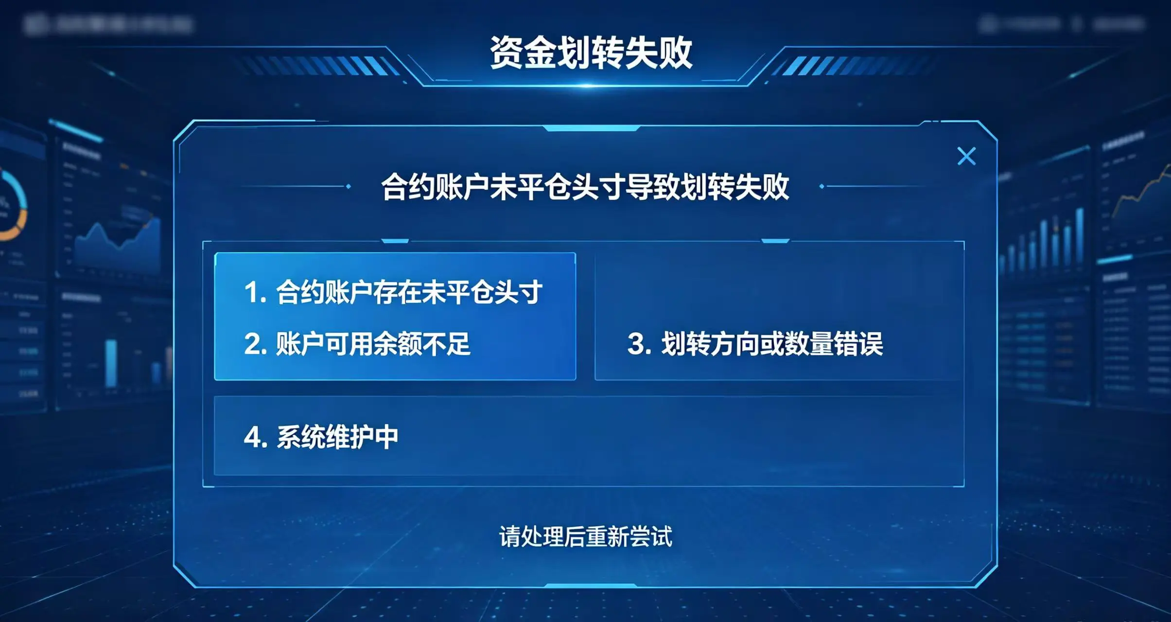 合约账户未平仓头寸导致划转失败的提示界面