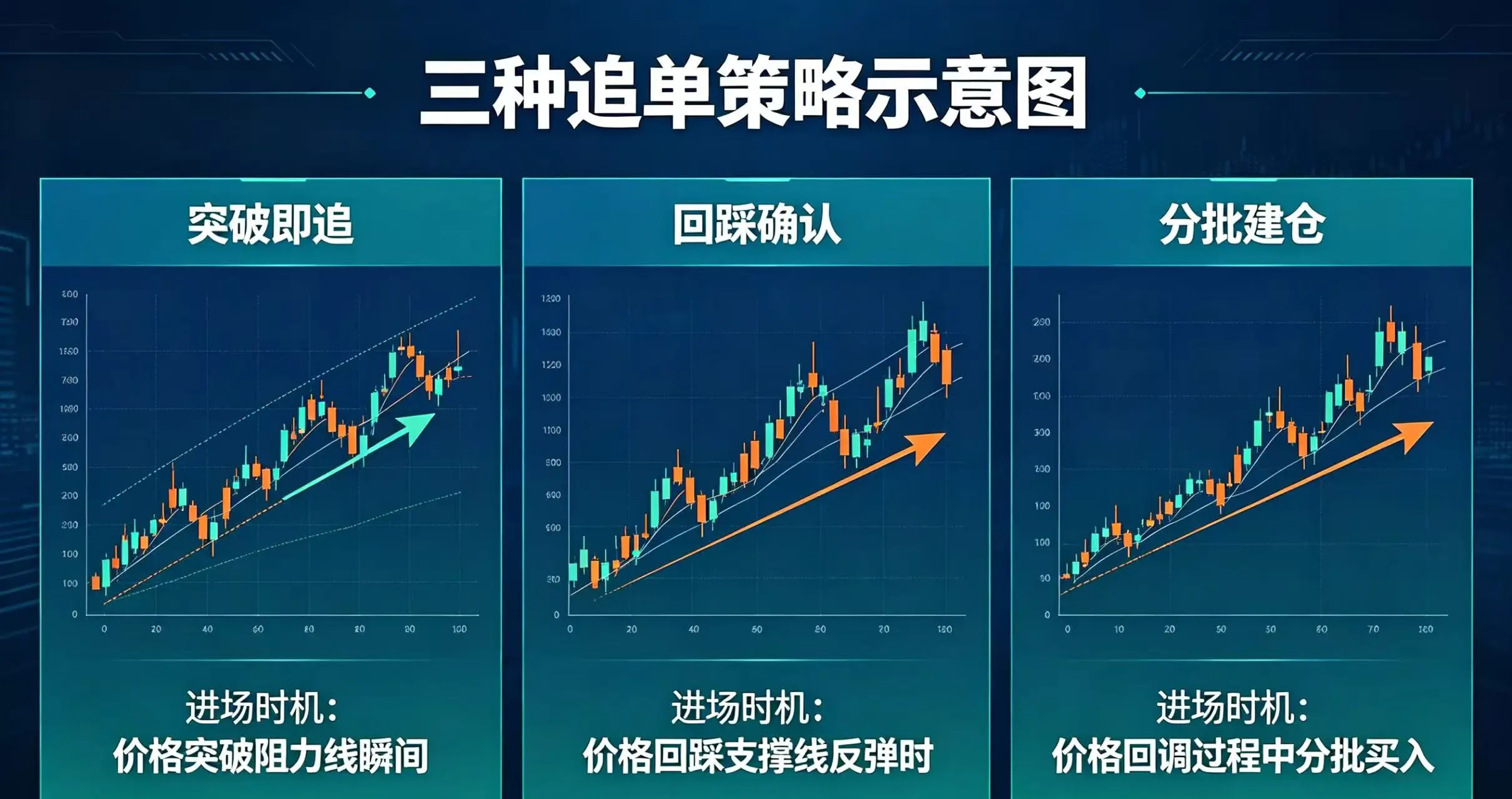 三种追单策略示意图，直观呈现突破即追、回踩确认、分批建仓三种追单方式的进场时机