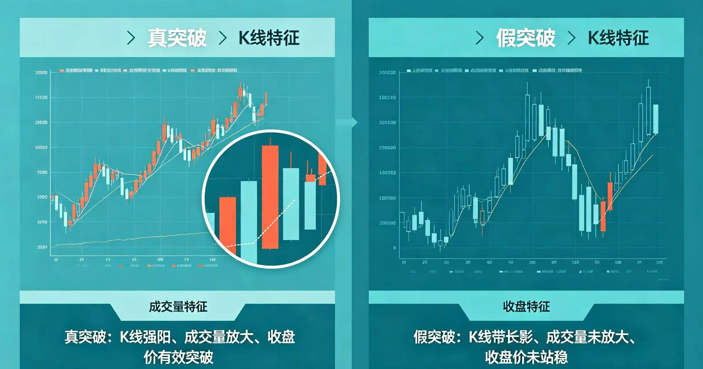 真假突破对比图，清晰展示真突破和假突破的 K 线、成交量和收盘特征差异
