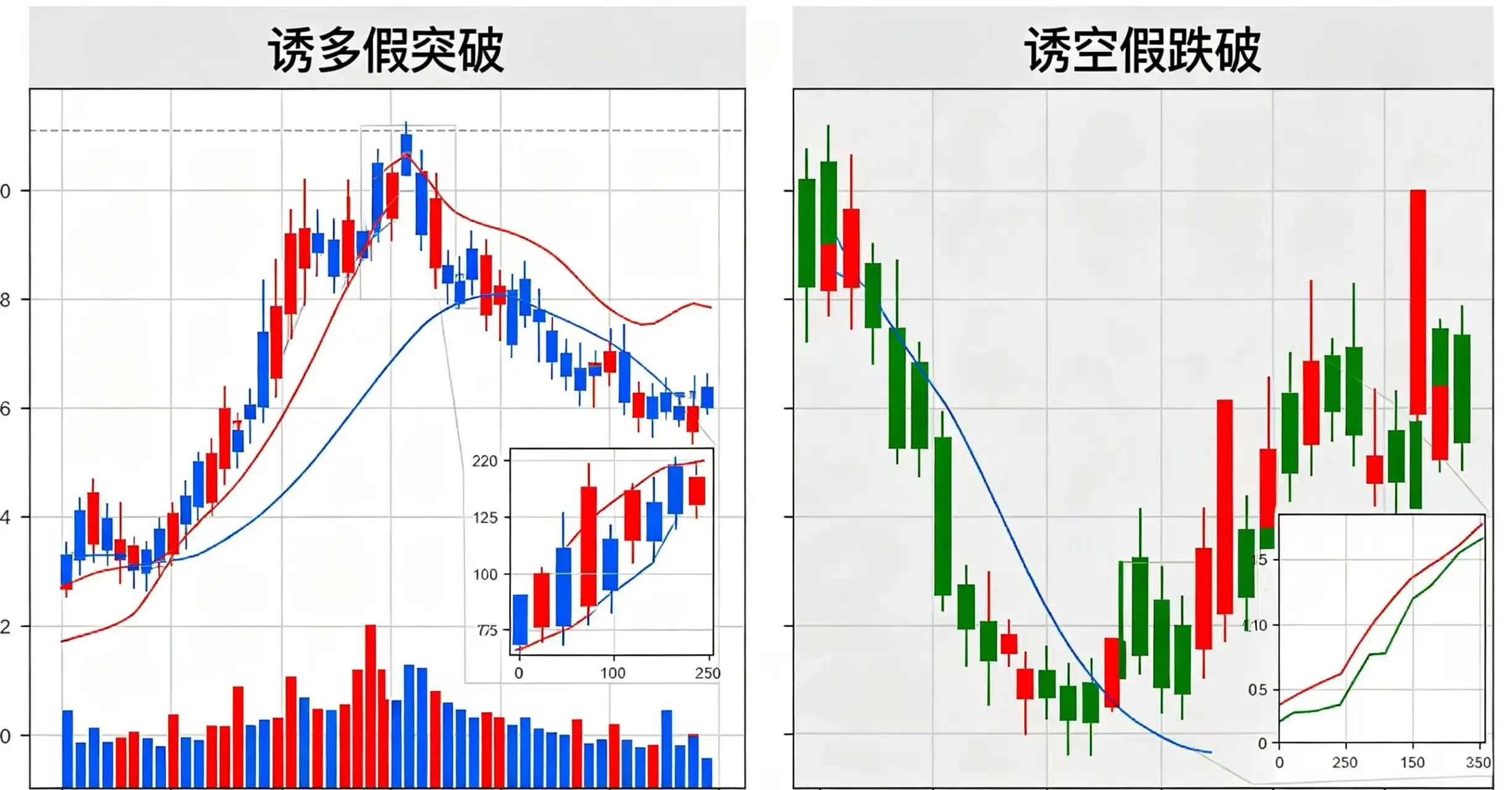 诱多诱空对比示意图,清晰呈现诱多假突破和诱空假跌破的 K 线形态。 诱多诱空对比示意图,清晰呈现诱多假突破和诱空假跌破的 K 线形态。