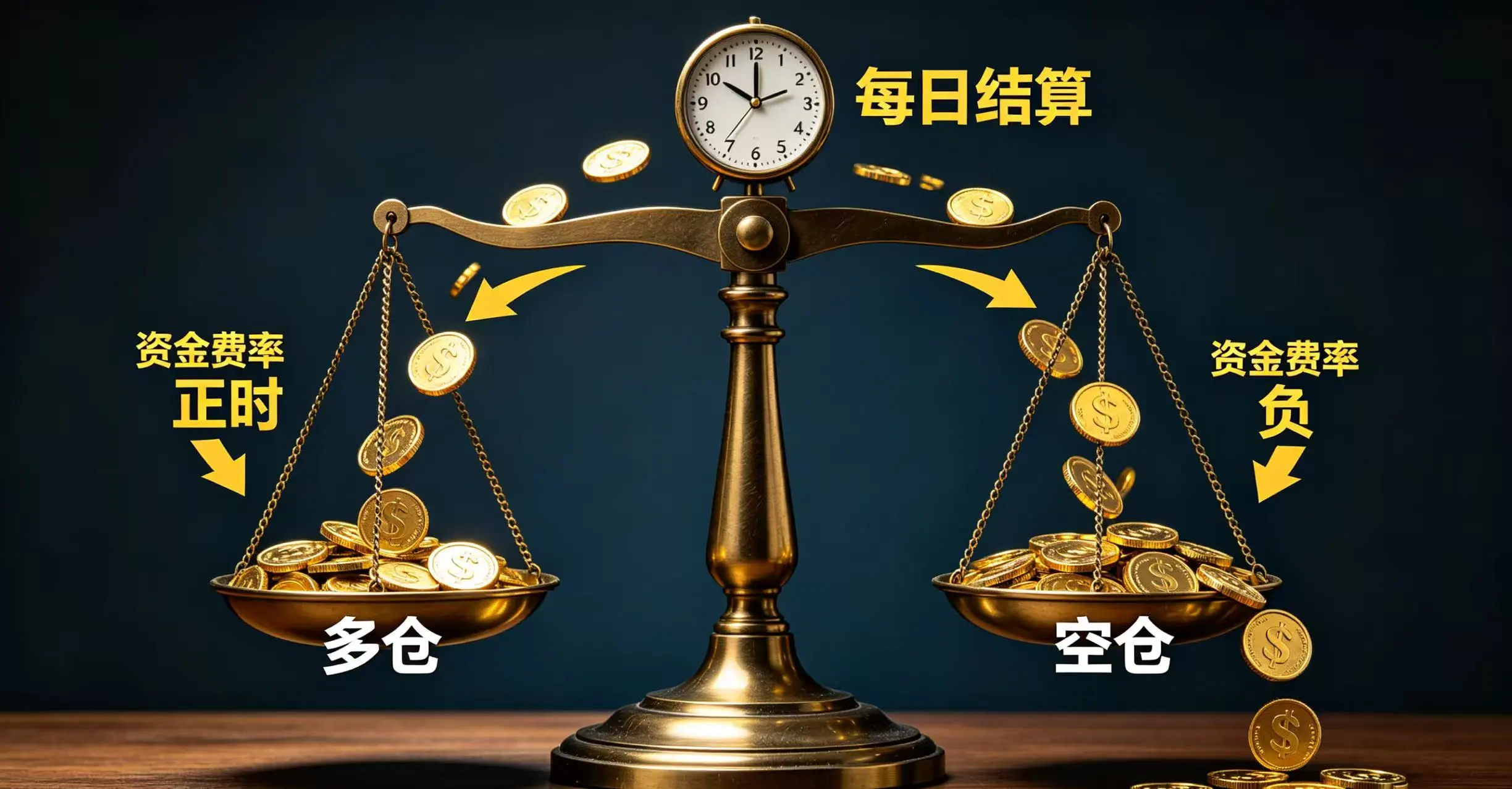  一个天平，两端的 “多仓” 和 “空仓” 根据资金费率的正负进行金币的划转，上方有一个定时结算的时钟。