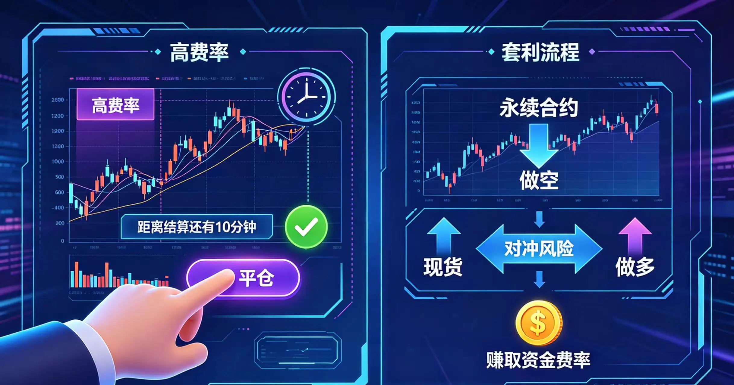 画面分两部分，左侧展示 “常规规避” 策略，在高费率和结算前 10 分钟时点击平仓；右侧展示 “高阶套利” 策略，通过 “做空永续合约” 和 “做多现货” 进行对冲，赚取资金费率