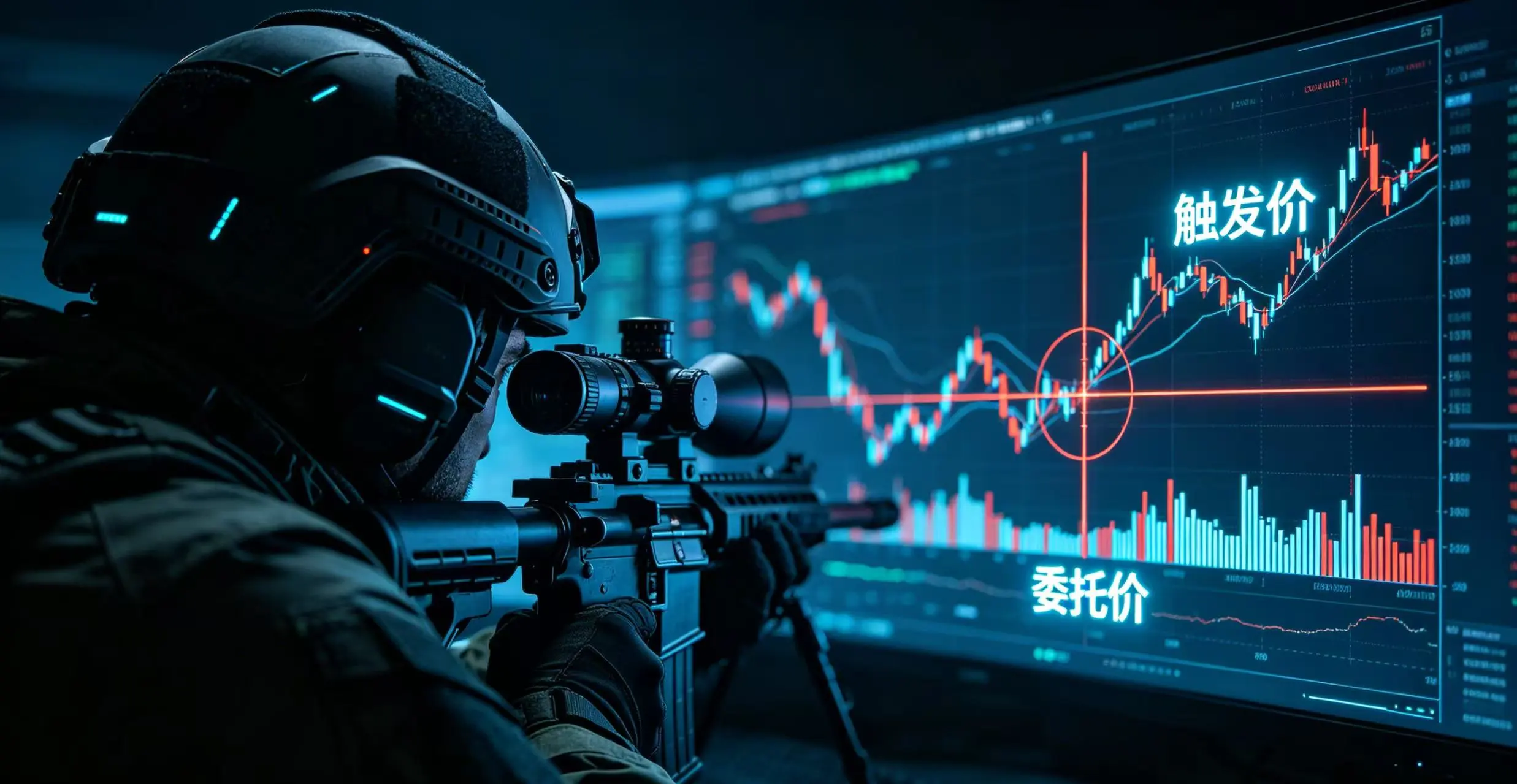 狙击手瞄准 K 线图,精准锁定委托订单触发价的示意图 狙击手瞄准 K 线图,精准锁定委托订单触发价的示意图