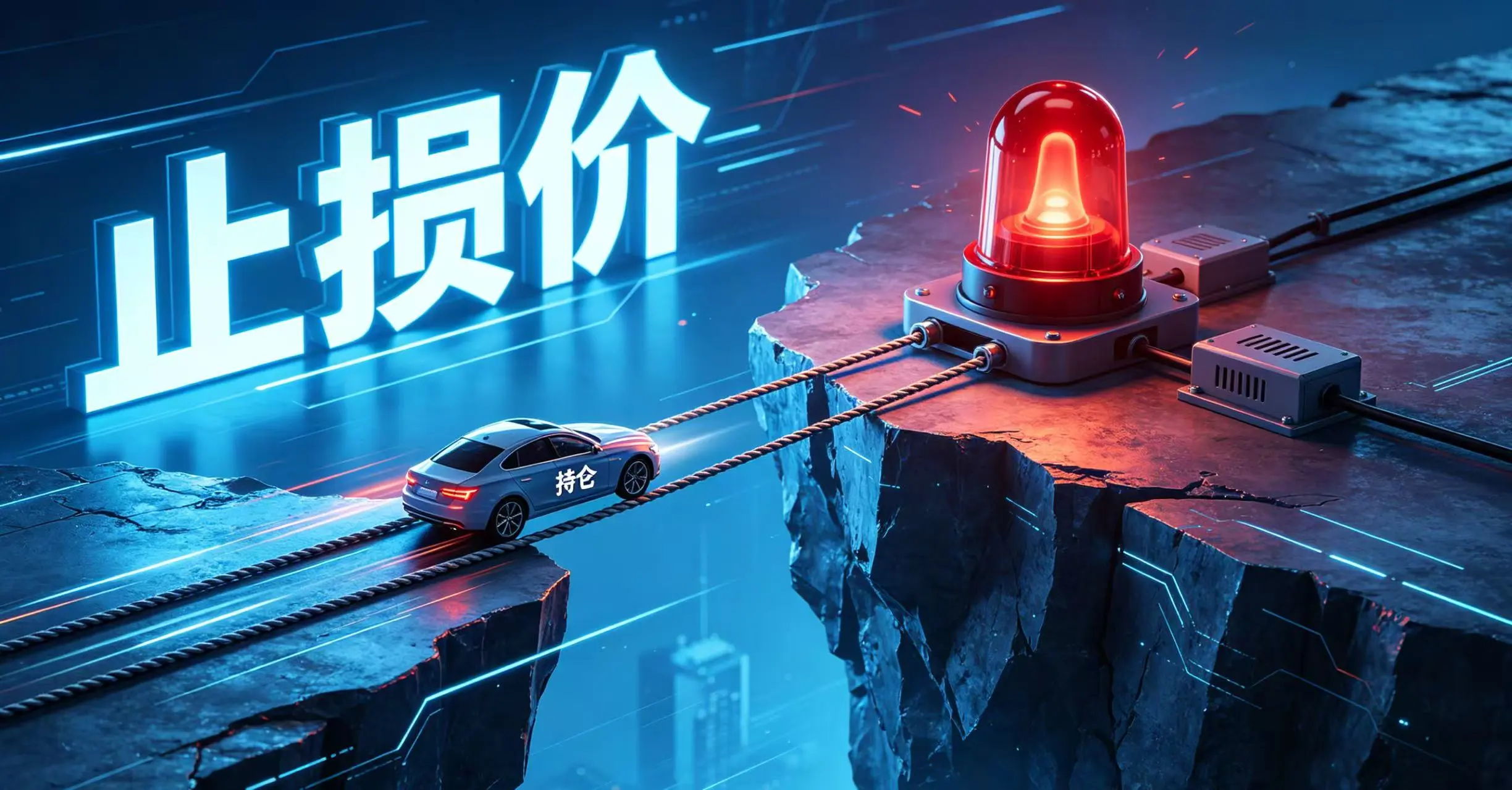 悬崖边的止损警报,条件订单保护持仓安全的场景图。 悬崖边的止损警报,条件订单保护持仓安全的场景图。