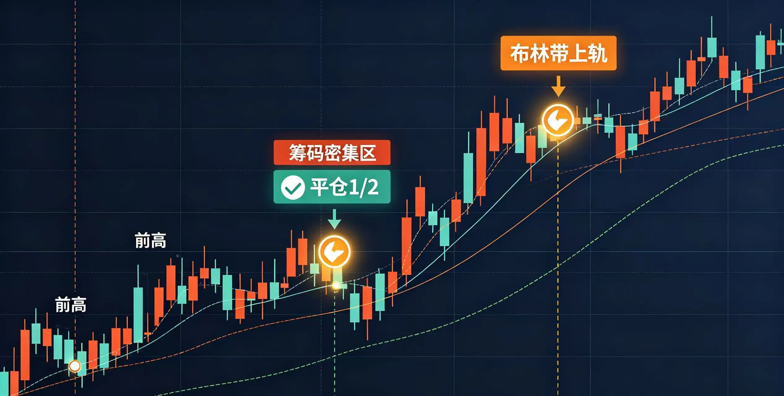 关键阻力位法分批止盈示意图，展示了价格在触及前高、筹码密集区等关键阻力位时，触发相应平仓信号的逻辑。