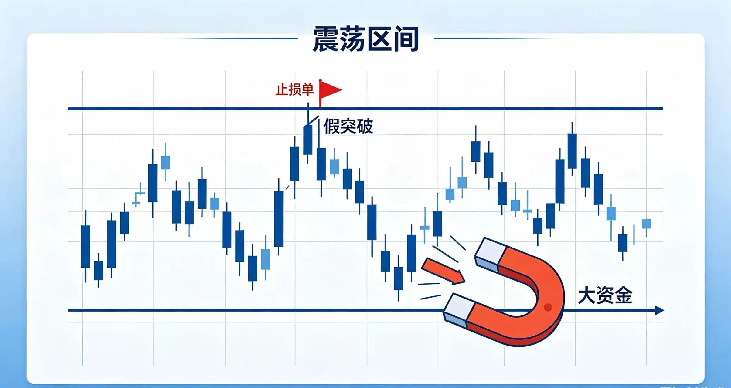 盘整区假突破与流动性猎杀示意图