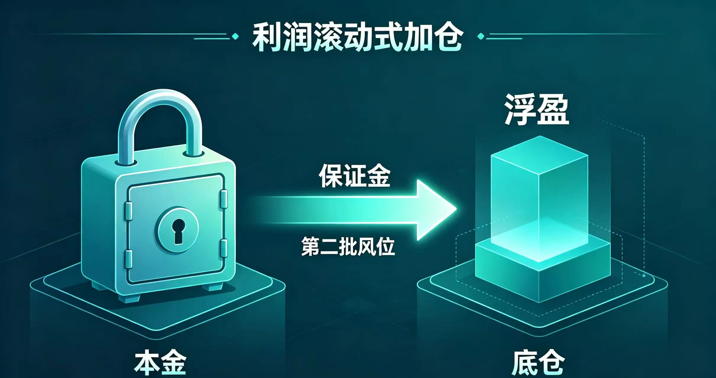 左侧的 “本金” 保险箱安全锁定，右侧用 “底仓” 产生的 “浮盈” 作为保证金，开设 “第二批仓位”，实现本金 0 风险。
