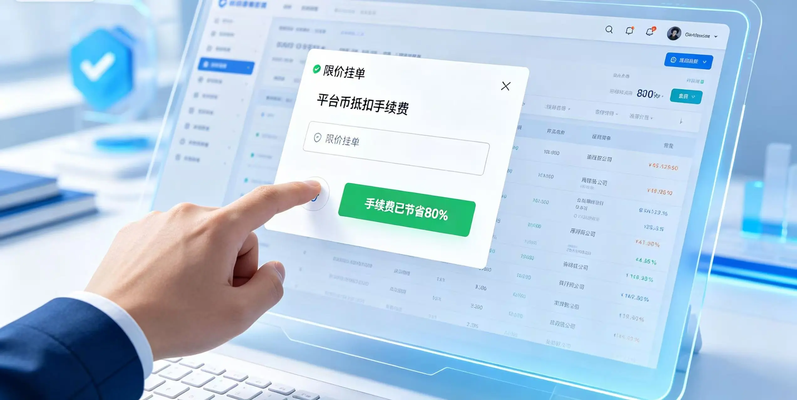 展示用户通过挂单、使用平台币等方式,成功降低交易手续费的场景,突出 “省钱” 和 “优化” 的主题。 展示用户通过挂单、使用平台币等方式,成功降低交易手续费的场景,突出 “省钱” 和 “优化” 的主题。