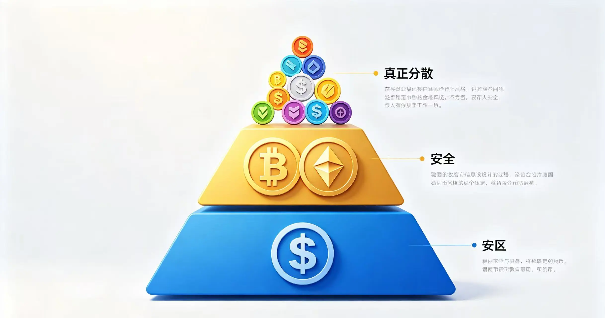 展示一个稳固的三层配置框架，底层是稳定的稳定币，中间是核心的大市值币种，顶层是高增长的小市值币种，以此来实现真正的风险分散。