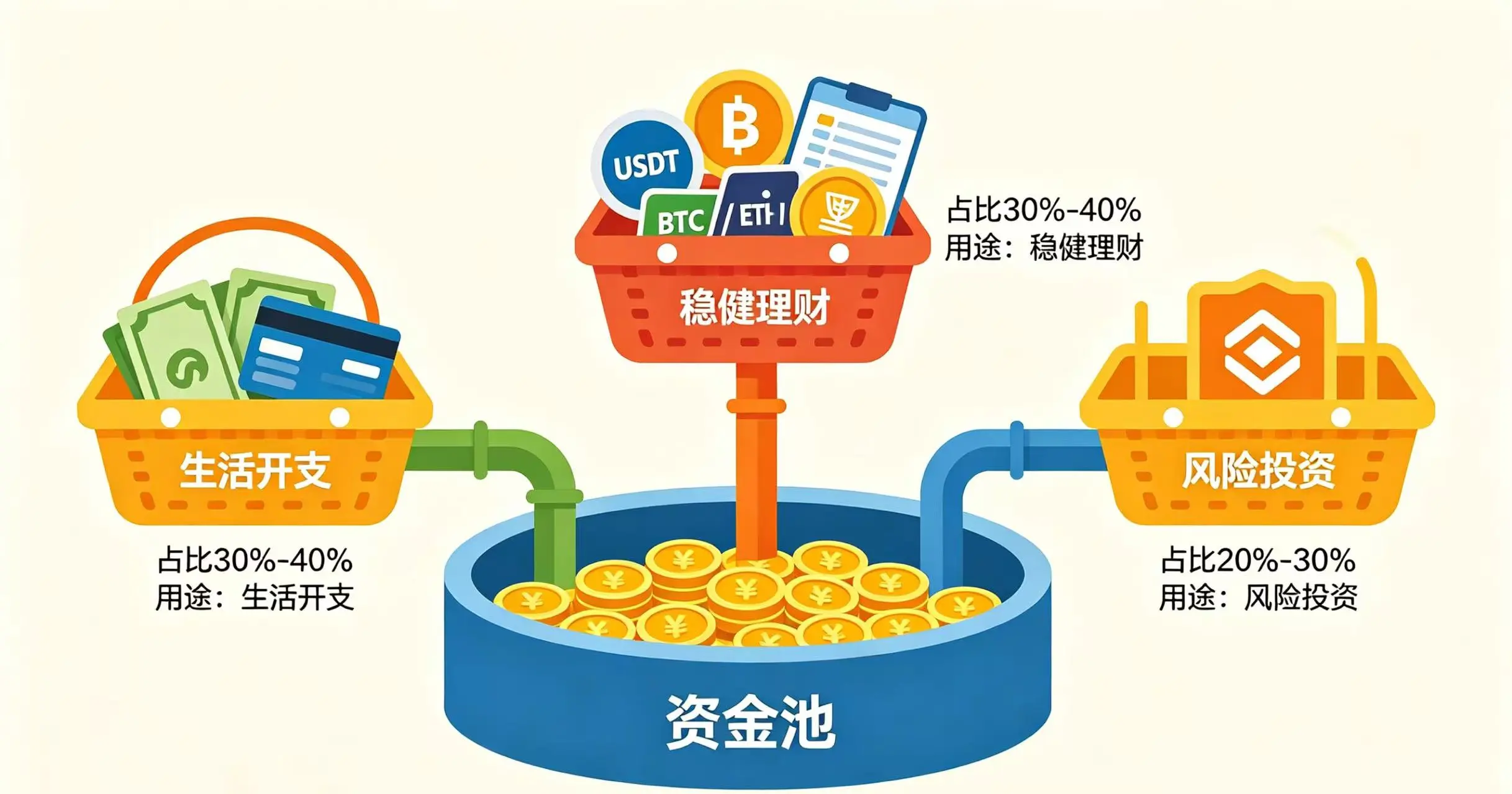 展示一个出金后资金的分层配置方案,将资金分别放入 “生活开支”、“稳健理财” 和 “风险投资” 三个不同的 “篮子” 里。 展示一个出金后资金的分层配置方案,将资金分别放入 “生活开支”、“稳健理财” 和 “风险投资” 三个不同的 “篮子” 里。