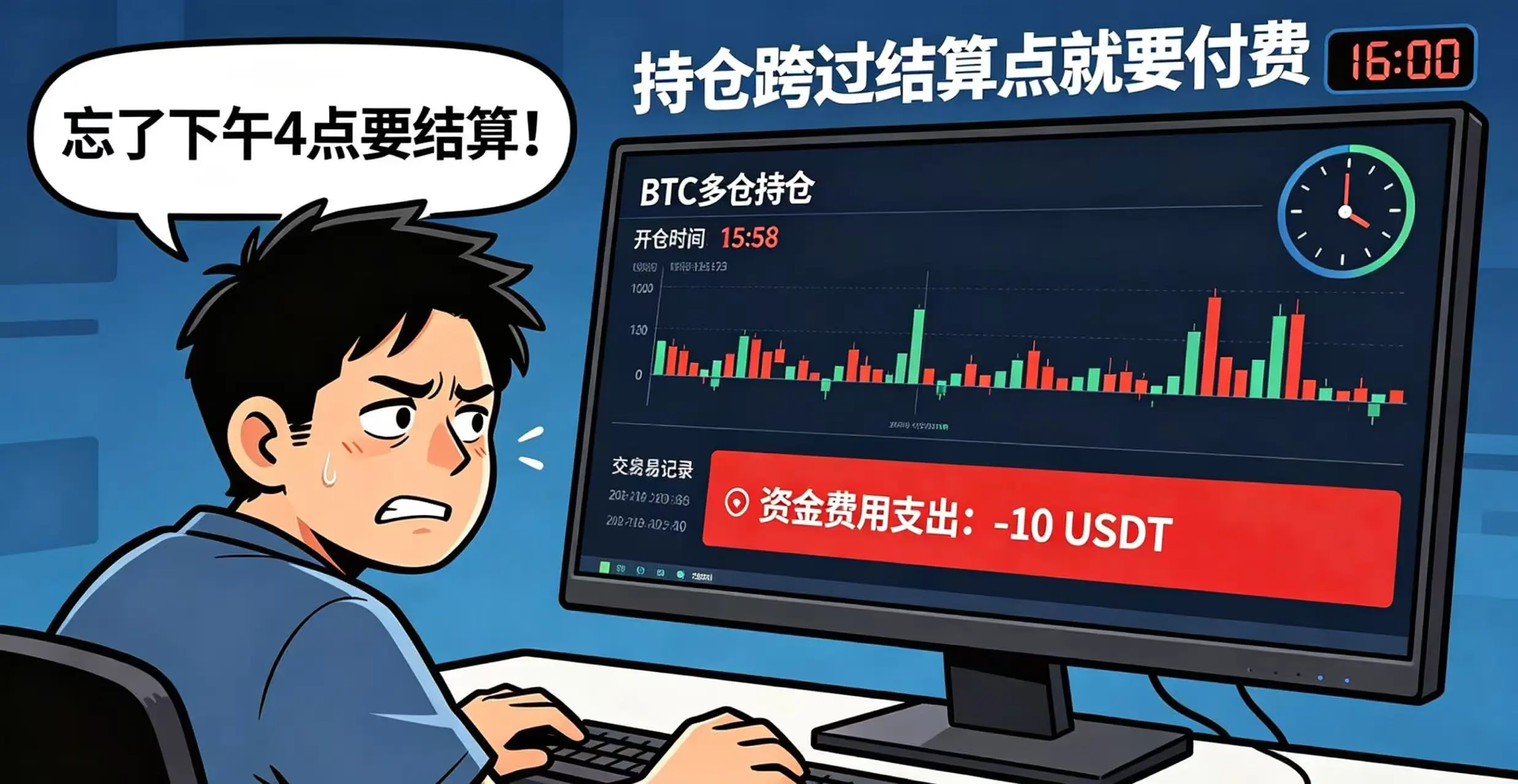 展示一个短线交易者因持仓跨过结算点而意外支付资金费用的场景，提醒交易者注意结算时间点。
