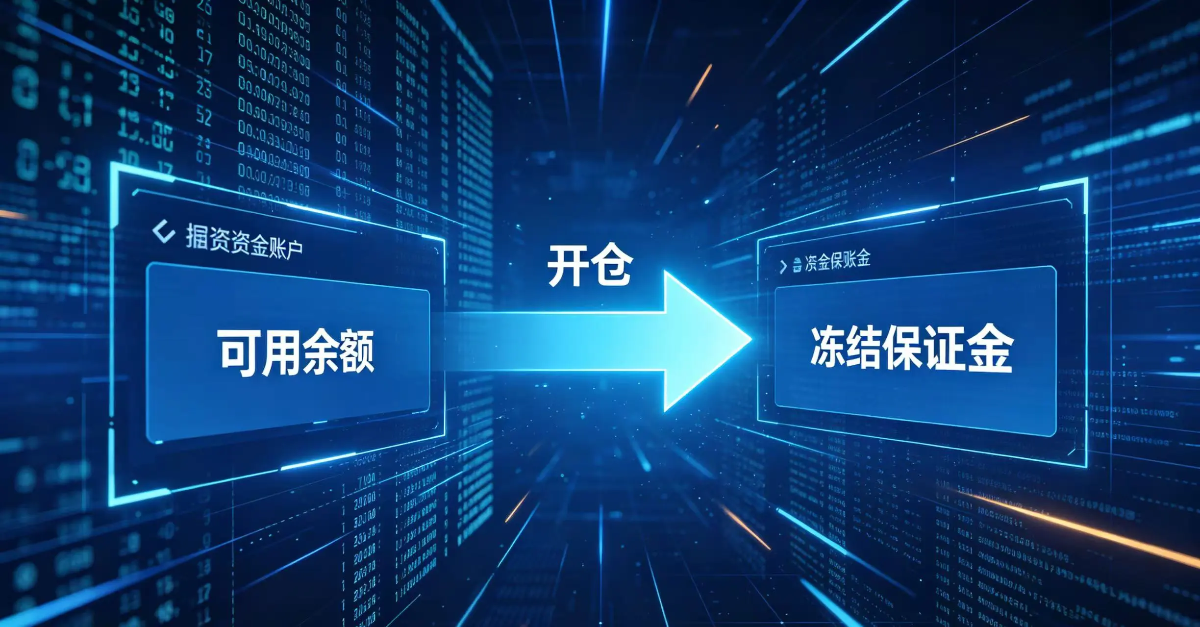 展示开仓后资金从可用余额转为冻结保证金的过程。