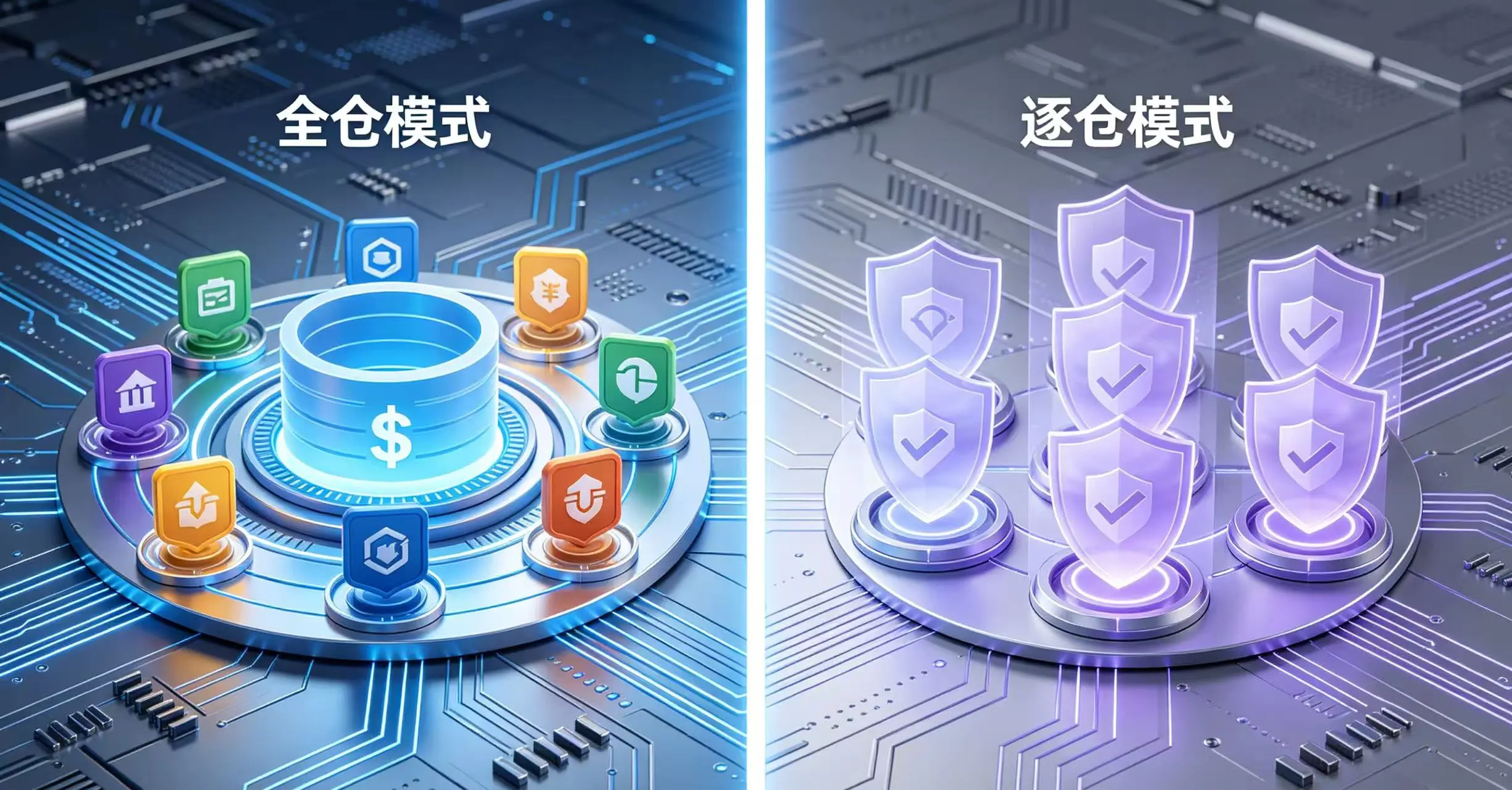 对比展示全仓模式和逐仓模式的不同风险隔离机制。