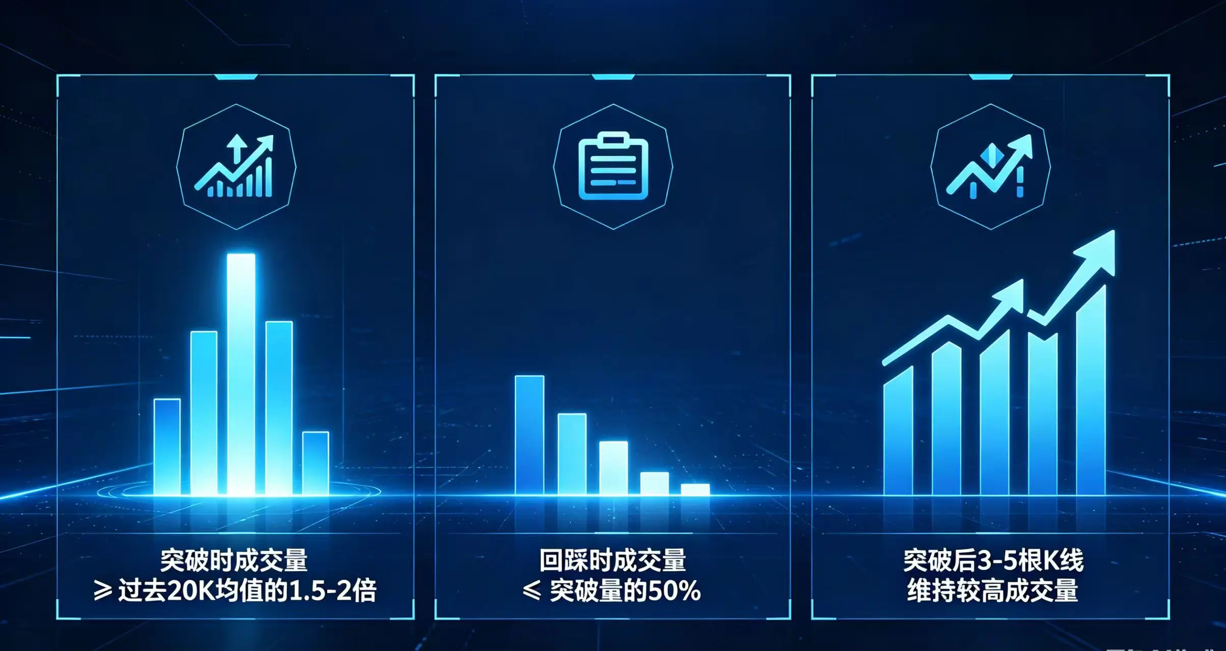 三个标准(放量突破、缩量回踩、持续放量)分别用图标和简短文字说明 三个标准(放量突破、缩量回踩、持续放量)分别用图标和简短文字说明